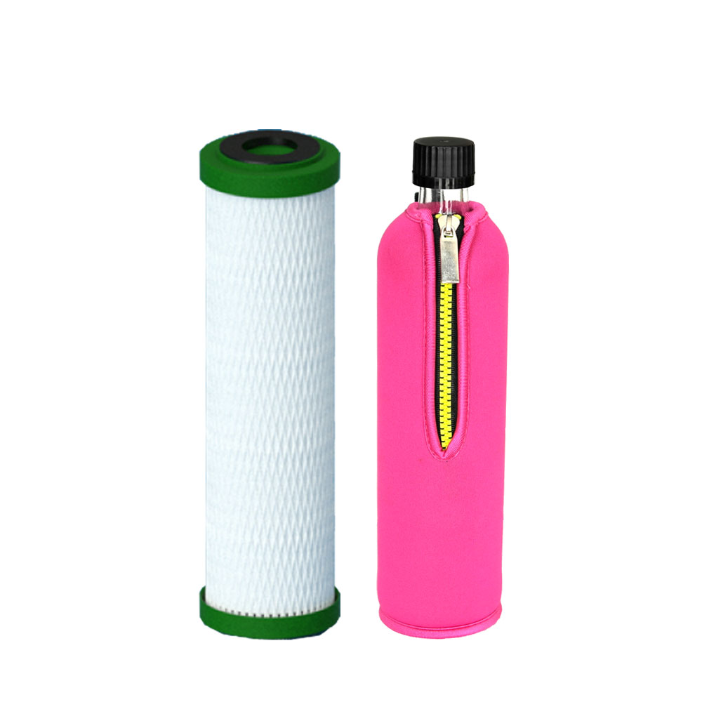 Filter cartridge NFP Premium Carbonit & Dora's glass bottle 0.5 l with neoprene cover pink