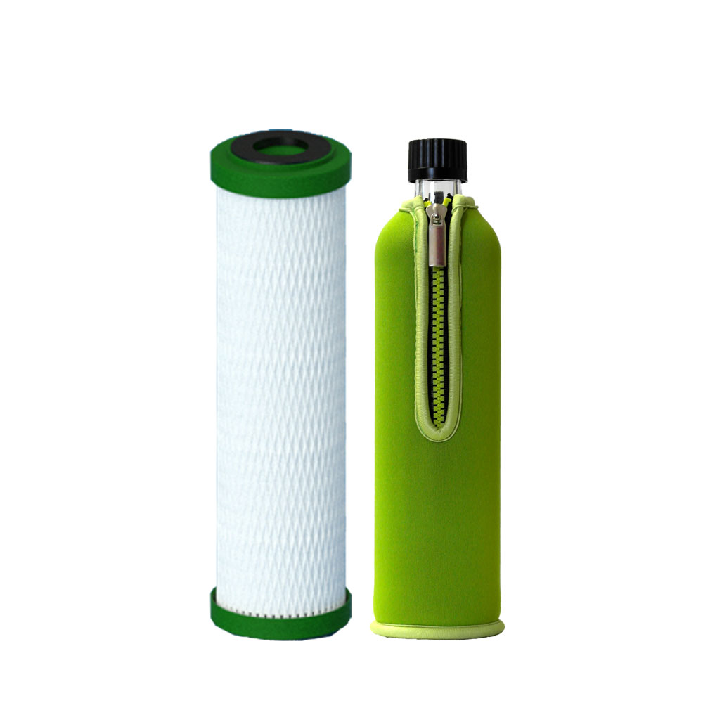 Filter cartridge NFP Premium Carbonit & Dora's glass bottle 0,5l with neoprene cover green