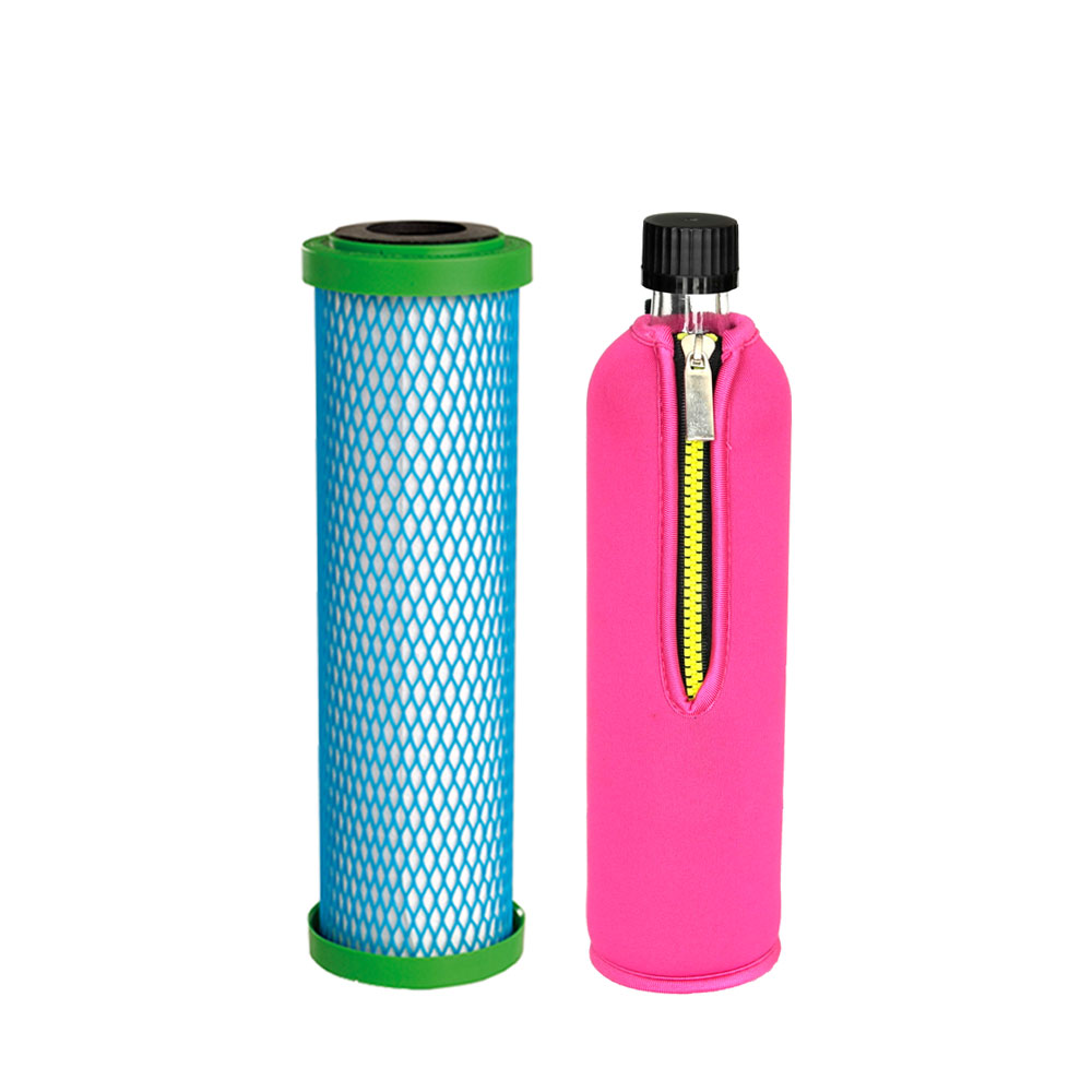 Filter cartridge EM Premium 5 Carbonit & Dora's glass bottle 0,5 l with neoprene cover pink