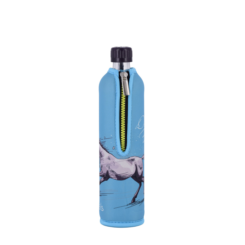 Dora's Glas-Trinkflasche 0,5 l mit Neoprenbezug, Pferd türkis