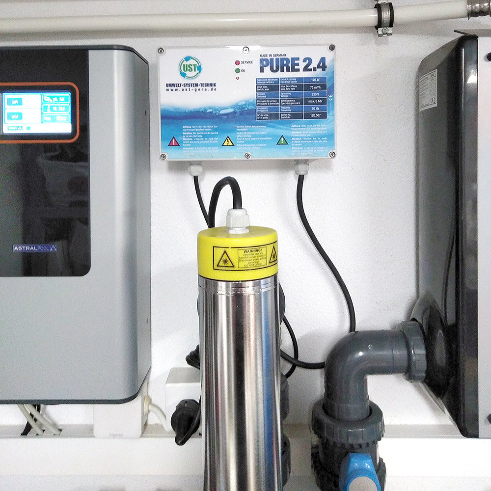 UV Anlage PURE 2.4 120 Watt zur Entkeimung von Wasser 2" mit 1" Adaptern